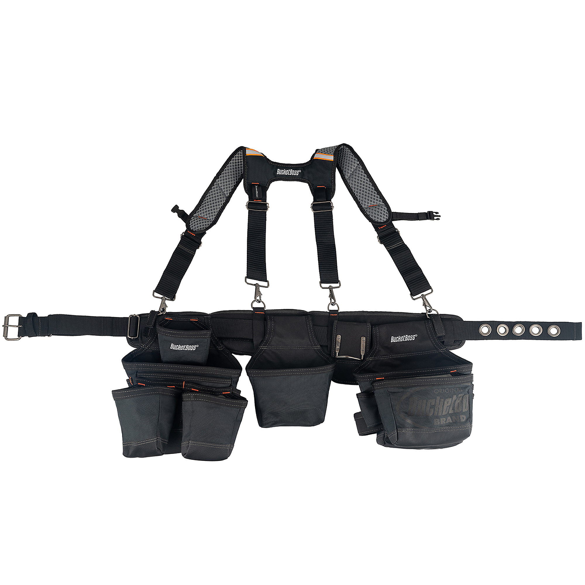 Bucket Boss, Tool Belt with Suspenders, Color Black, Pockets (qty.) 19 Material Poly, Model# 55285-HV